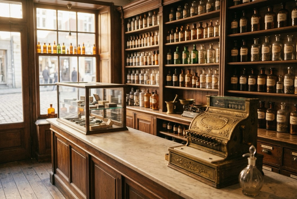 A vintage corner pharmacy counter